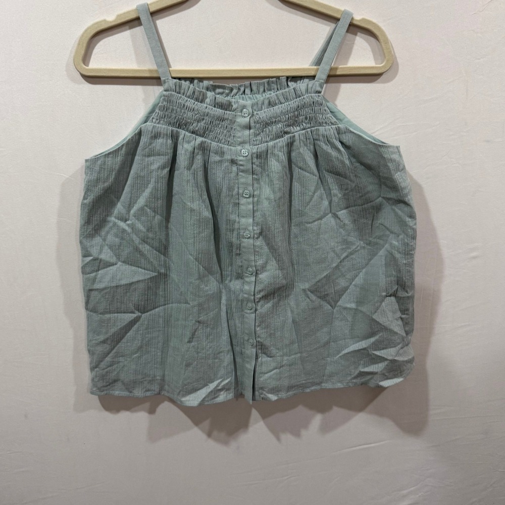 Doe and Rae Sage Green Smocked Button Down Crinkle Gauze Camisole Top Small